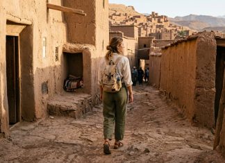 What to Wear in Morocco: A Respectful & Practical Dress Code Guide Traveler in loose linen pants and cotton shirt walking through Ait Ben Haddou Morocco