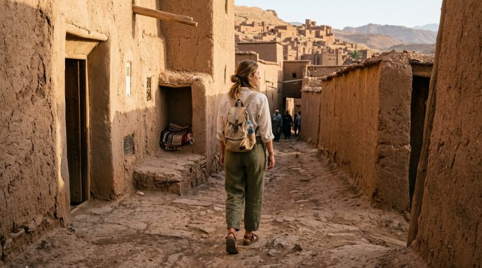 What to Wear in Morocco - Respectful Linen Travel Attire Traveler in loose linen pants and cotton shirt walking through Ait Ben Haddou Morocco