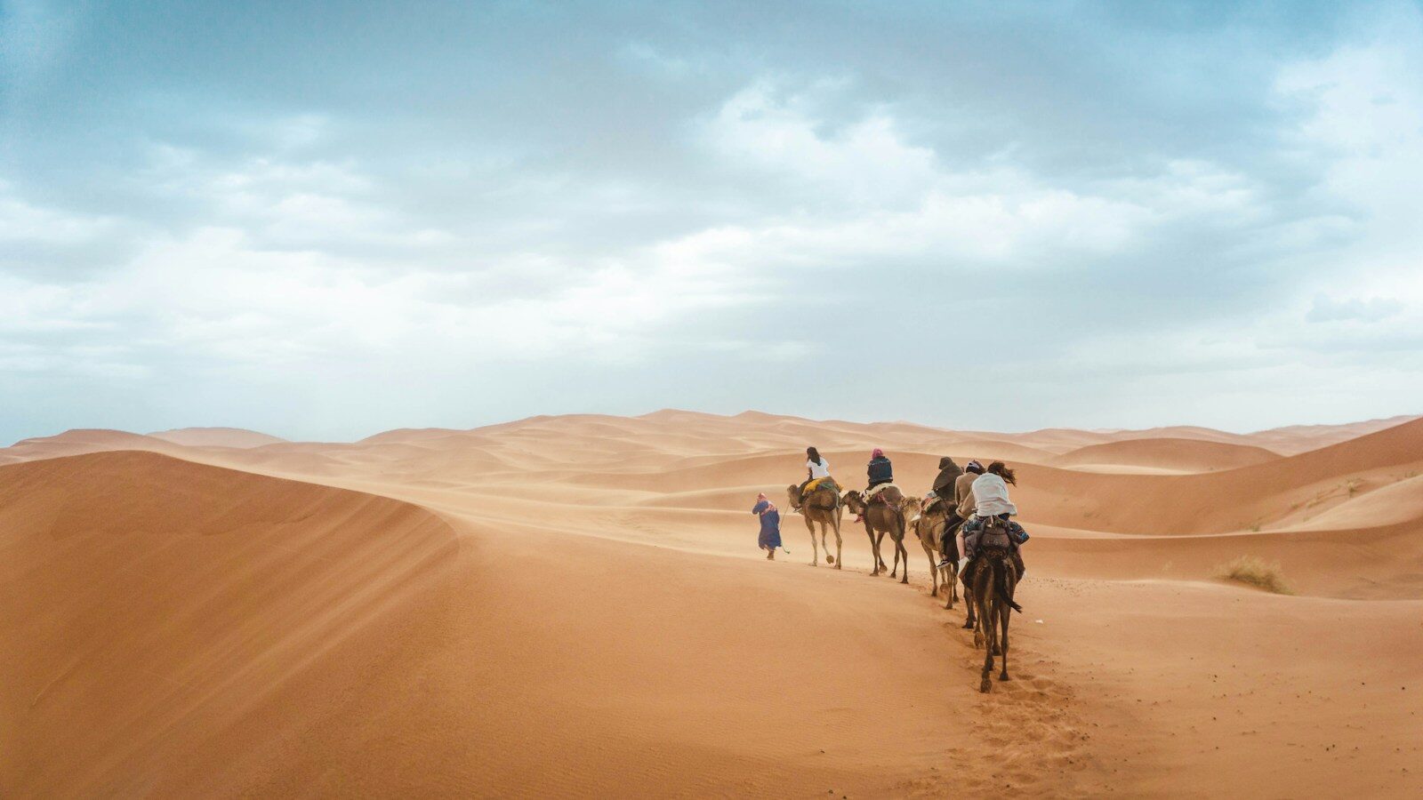 Group camel ride into the dunes on one of the desert tours Marrakech agencies run
