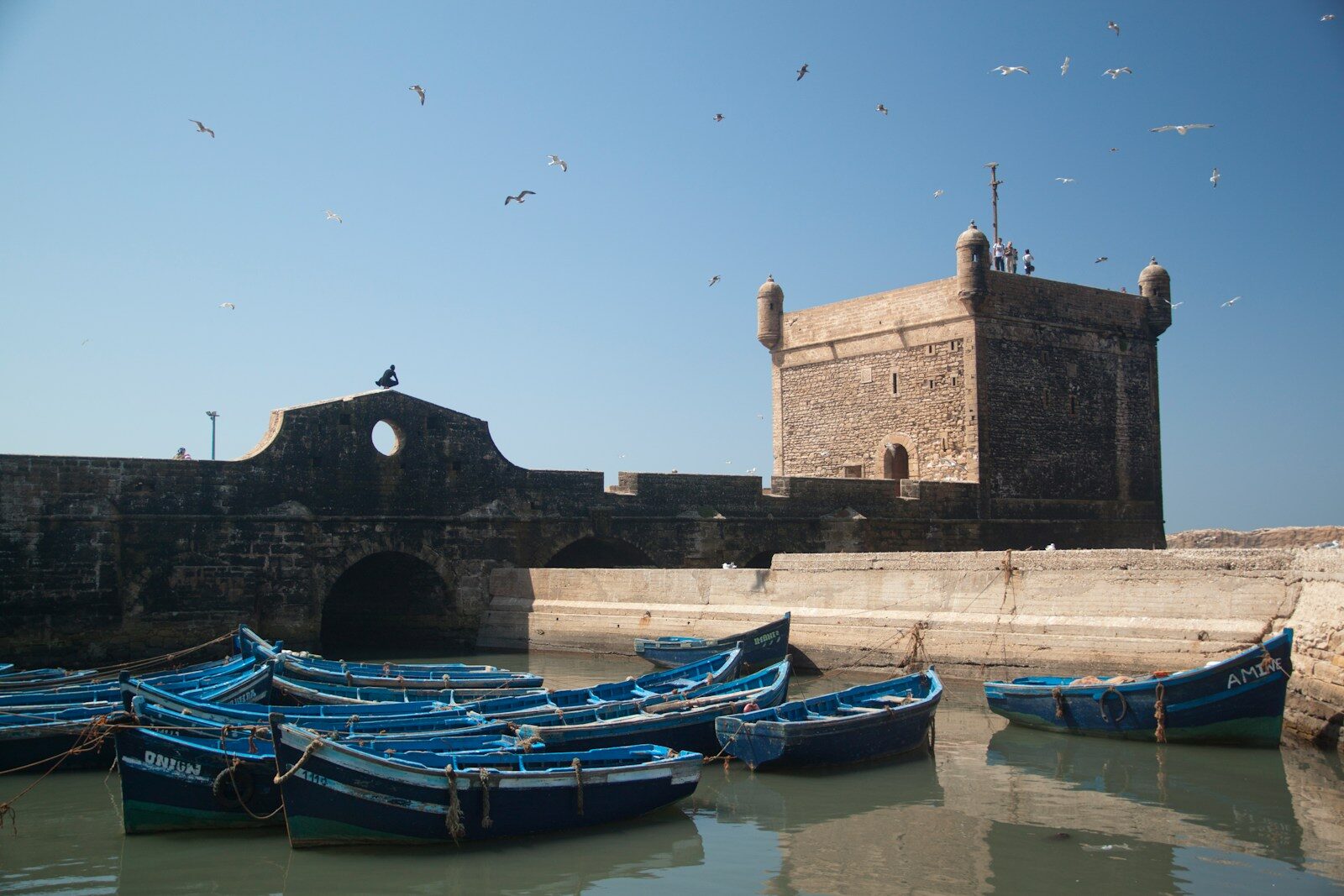 Blue wooden fishing boats moored beside the stone fortress in the port of Essaouira Morocco