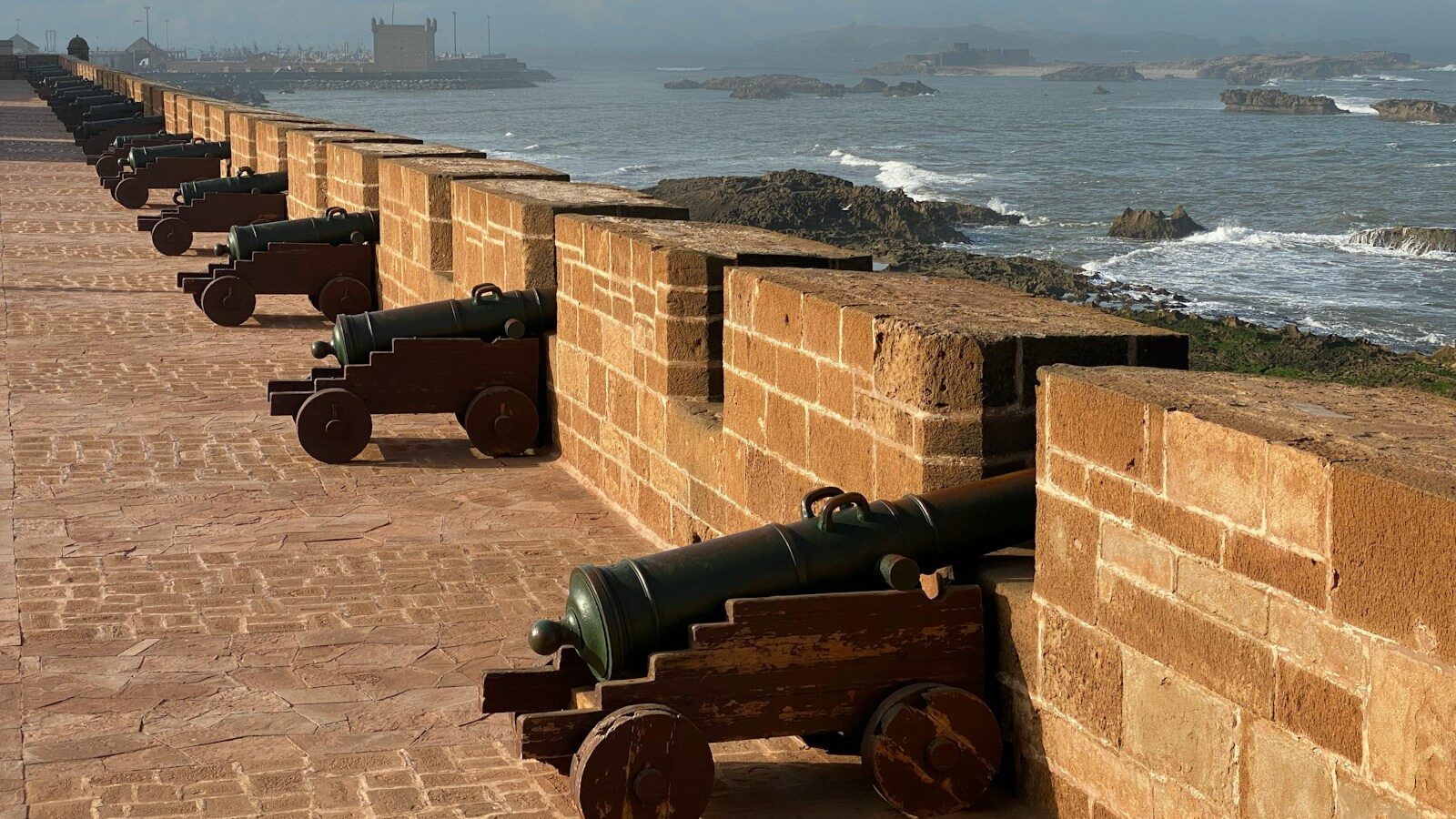 Old cannons lining the sea bastion of the Skala in Essaouira