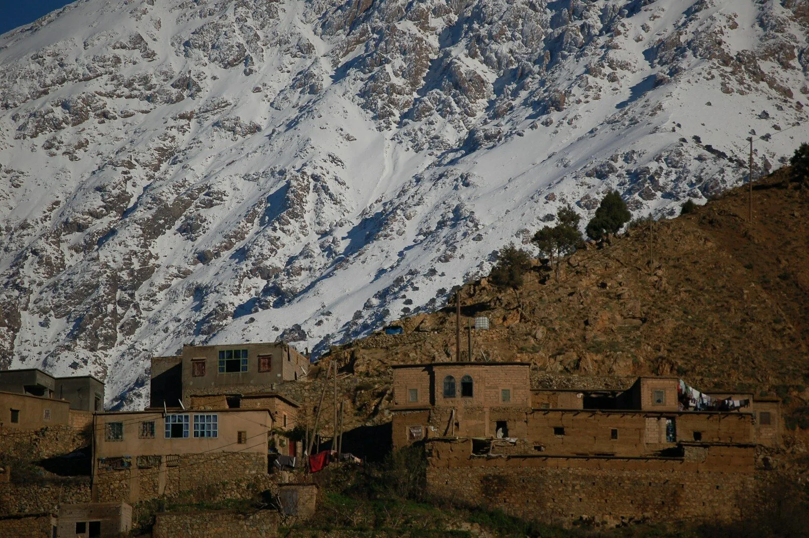 Stone village below the snowy High Atlas near Imlil