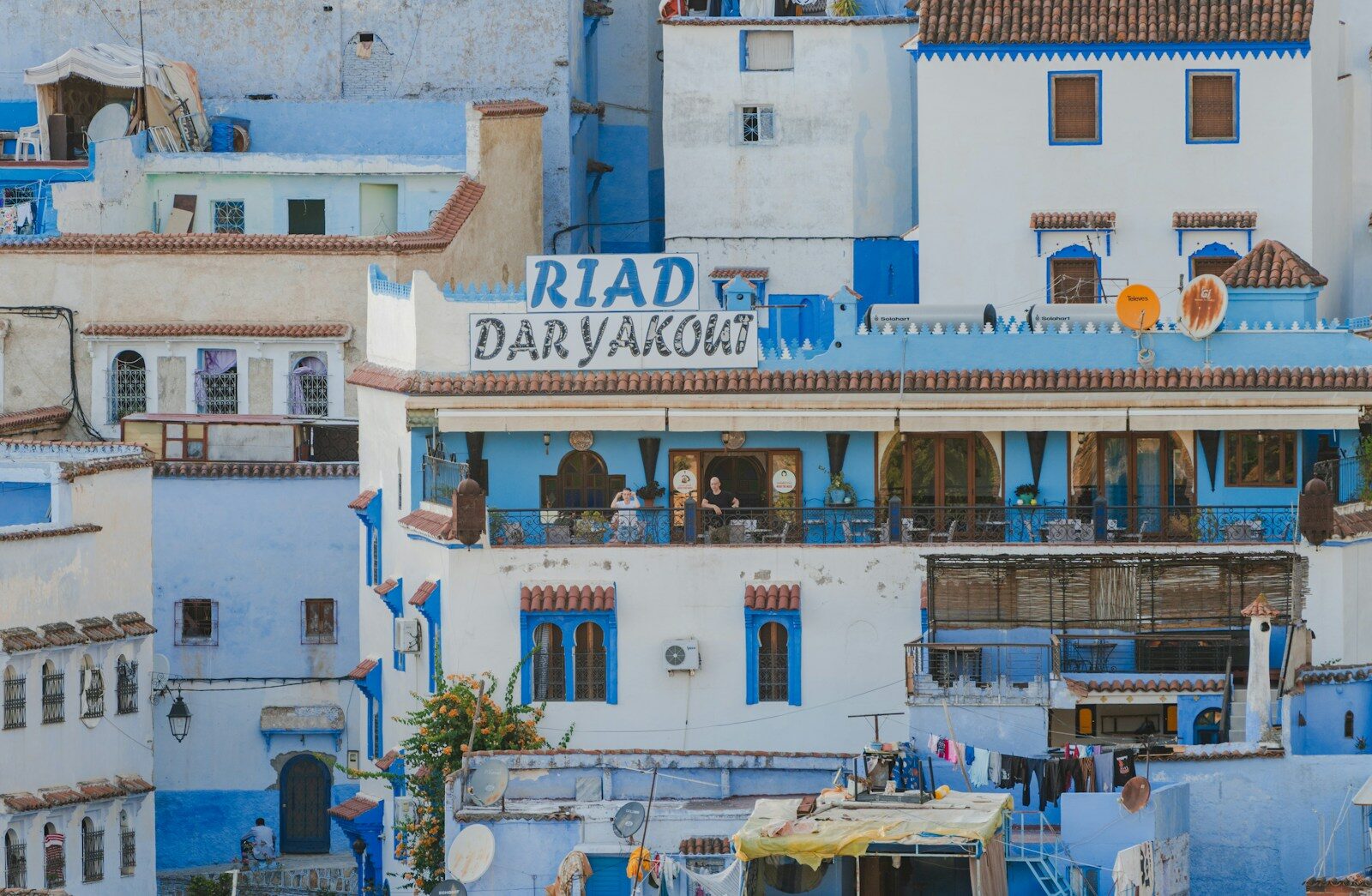 Blue and white houses and rooftops where most hotels in Chefchaouen are found