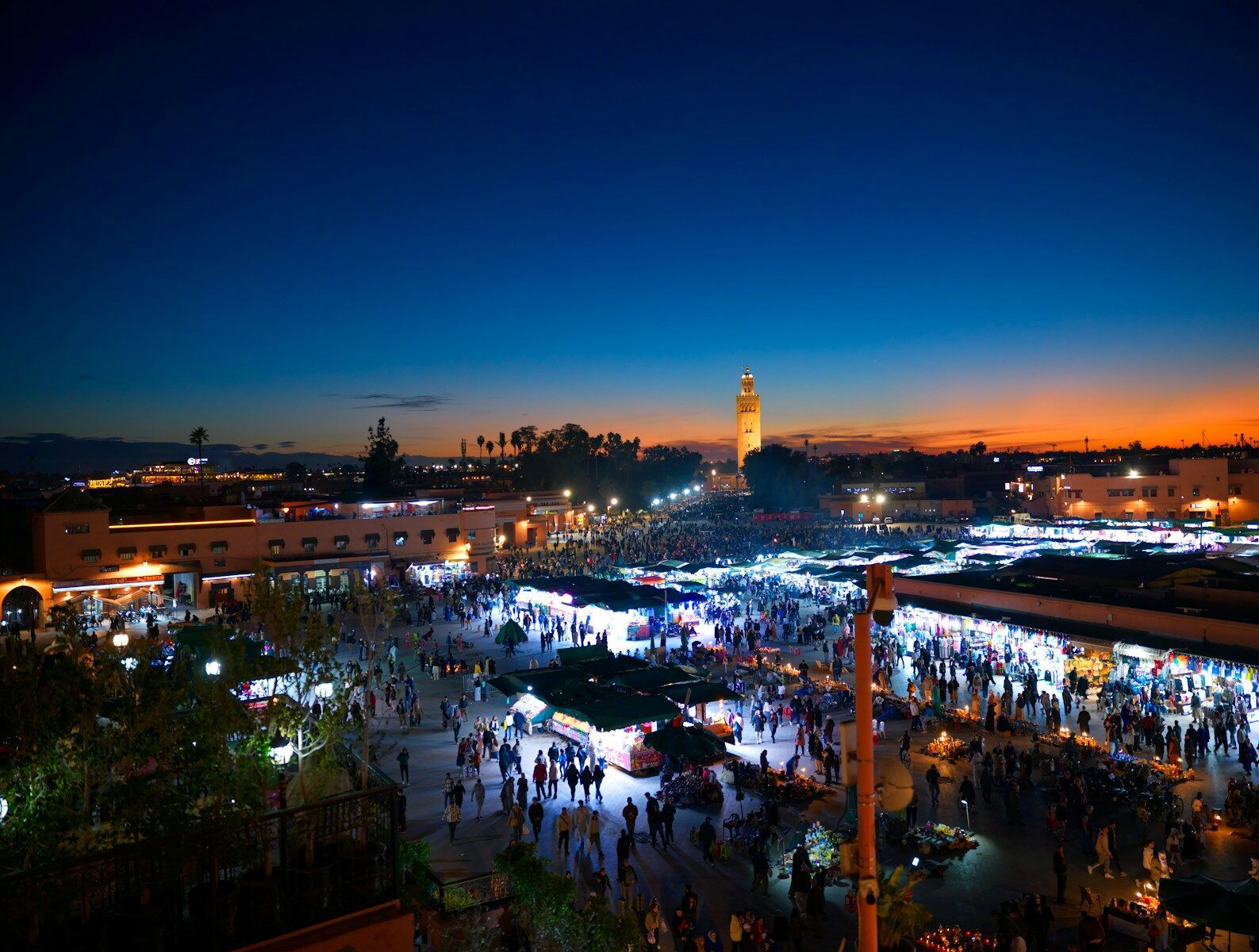 Jemaa el-Fna square at dusk, one of the top Marrakech Morocco things to do